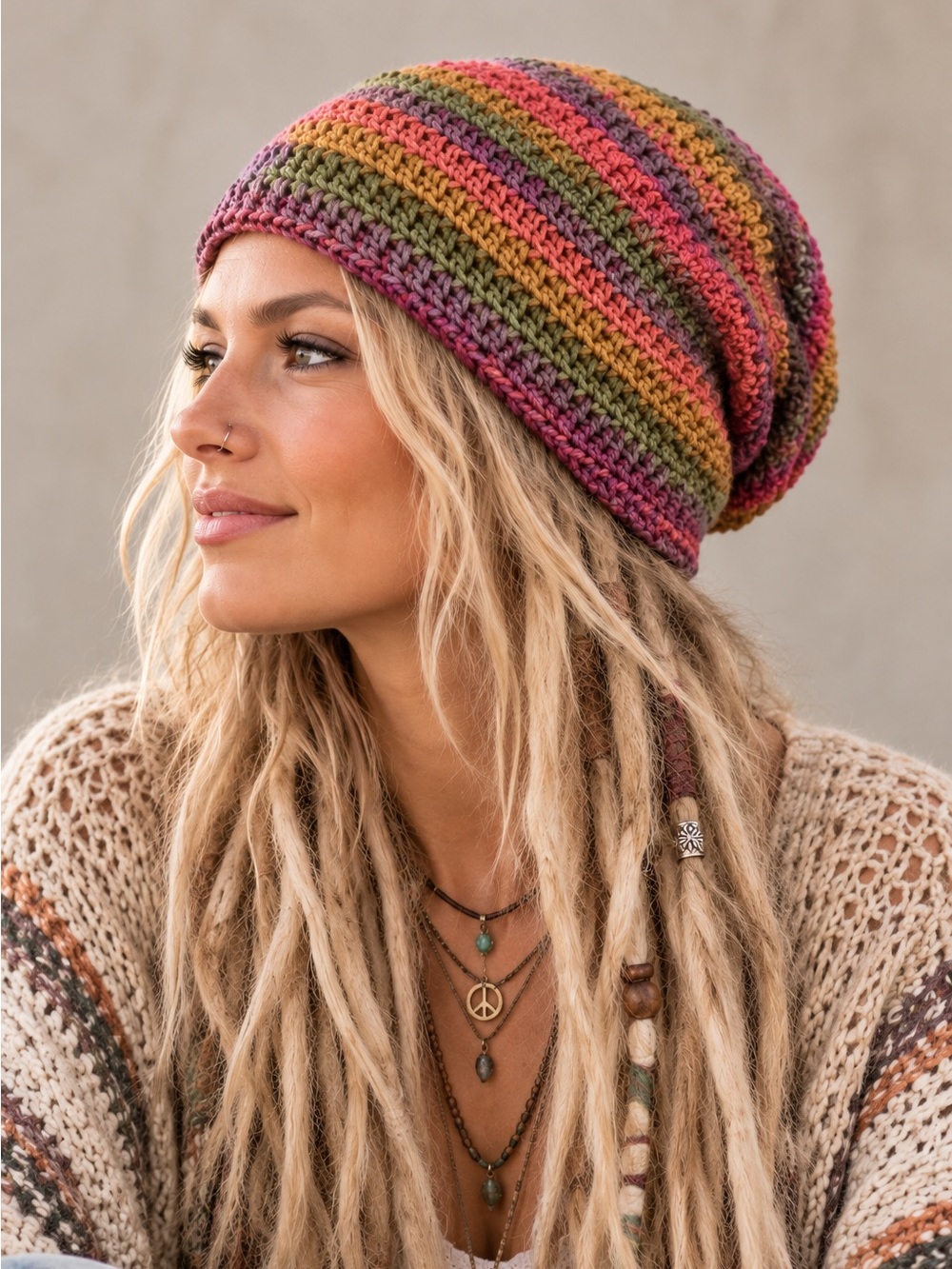 HAND CRAFTED Striped Crochet Slouch Beanie NEW Fall Jewel Tones